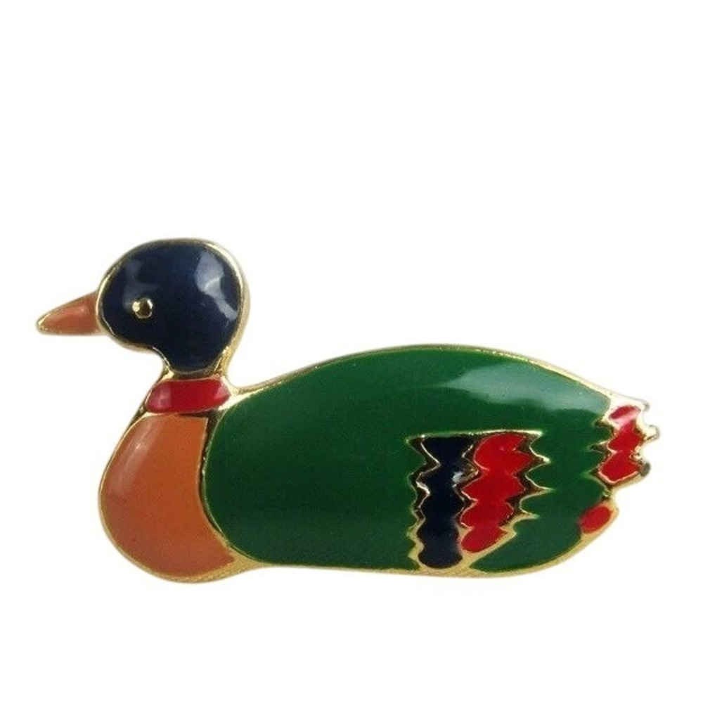 Vintage Dotty Smith Enamel Mallard Duck Brooch Gold Tone Green Bird Lapel Pin